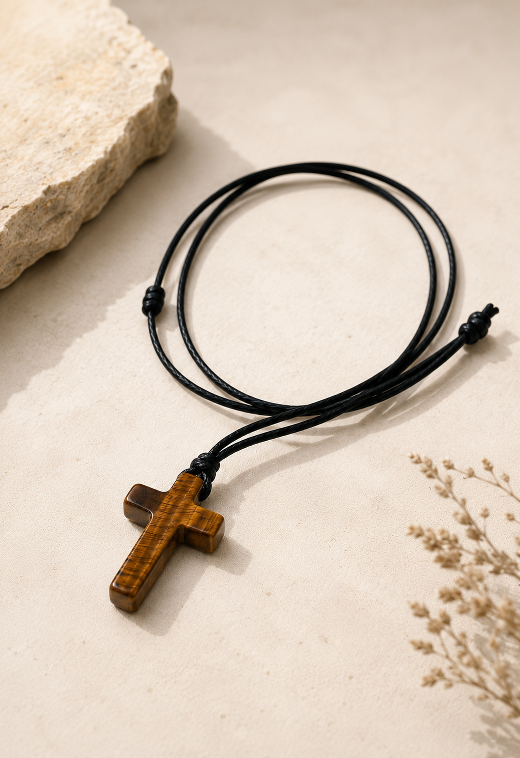 Tigerauge Kreuzkette – Christliche Halskette mit Naturstein | Unisex