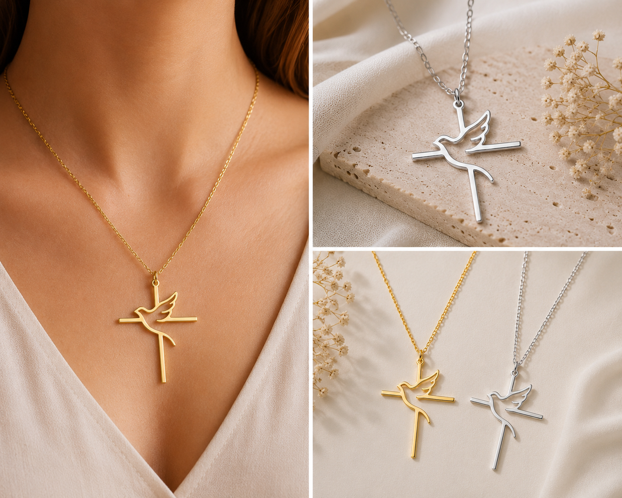 Christliche Kreuz & Taube Halskette – Edelstahl | Symbol des Heiligen Geistes