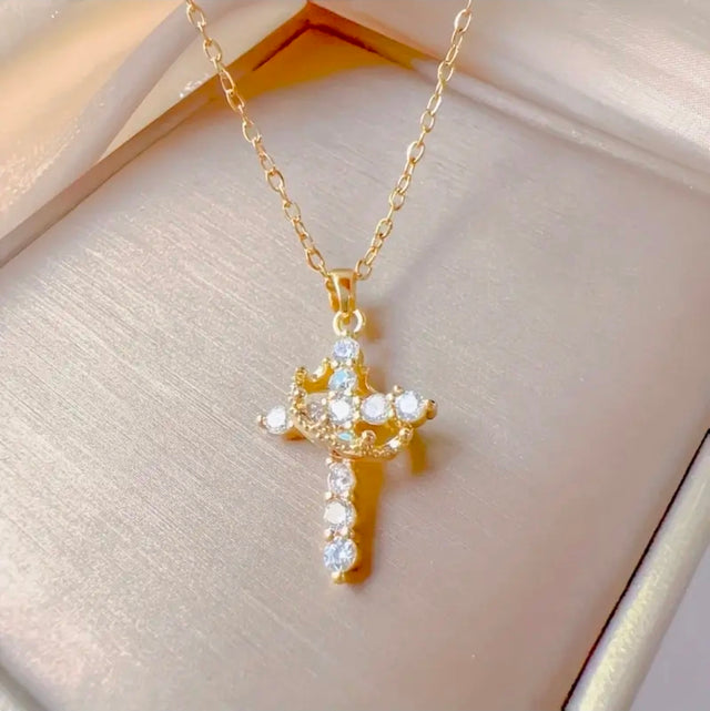 18K vergoldete Kreuzkette aus Edelstahl – Christliche Halskette mit Zirkonia