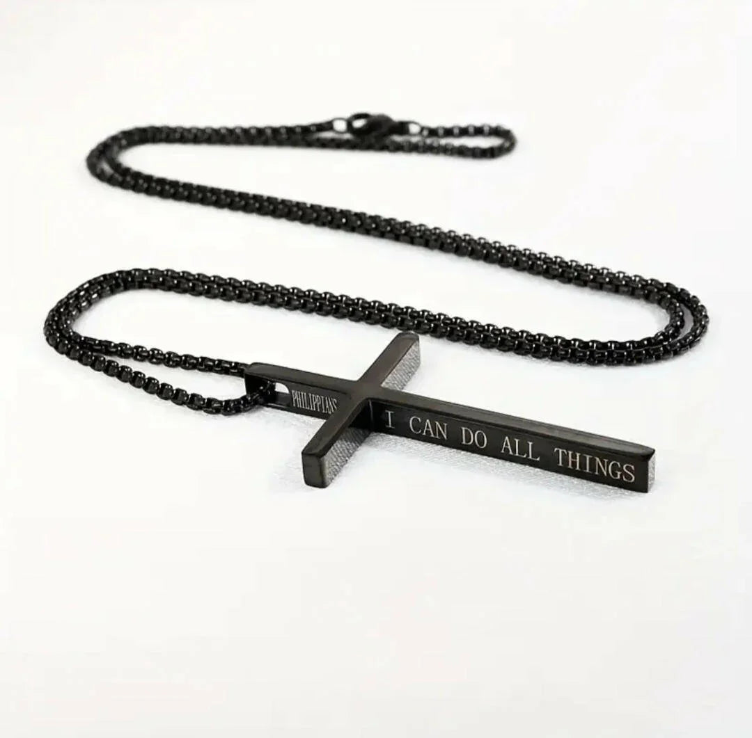 Kreuzkette mit Bibelvers – „I CAN DO ALL THINGS“ | Edelstahl Halskette in Schwarz & Silber | Philipper 4,13