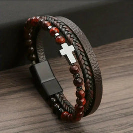 Kreuzarmband aus rotem Tigerstein & Edelstahl | Christlicher Männerschmuck