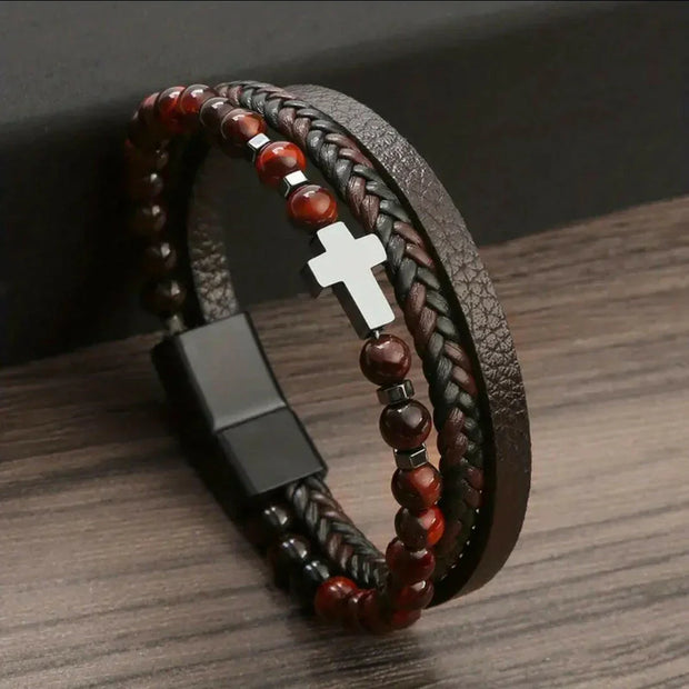 Kreuzarmband aus rotem Tigerstein & Edelstahl | Christlicher Männerschmuck
