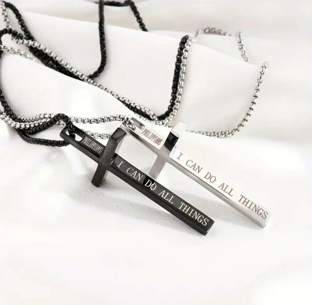 Kreuzkette mit Bibelvers – „I CAN DO ALL THINGS“ | Edelstahl Halskette in Schwarz & Silber | Philipper 4,13