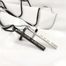Kreuzkette mit Bibelvers – „I CAN DO ALL THINGS“ | Edelstahl Halskette in Schwarz & Silber | Philipper 4,13