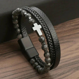Naturstein Kreuzarmband in Schwarz mit Edelstahl-Kreuz | Christlicher Schmuck