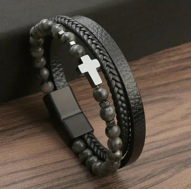 Naturstein Kreuzarmband in Schwarz mit Edelstahl-Kreuz | Christlicher Schmuck