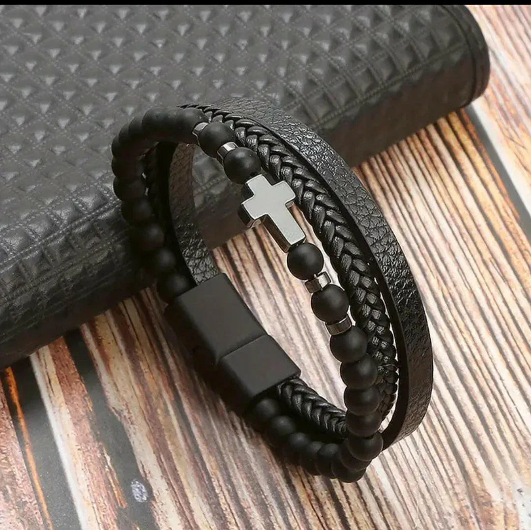 Schwarzes Kreuzarmband aus Obsidian & Edelstahl | Christlicher Schmuck für Herren