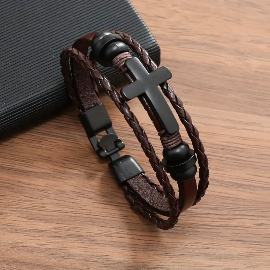 Christliches Herrenarmband mit Kreuz – Geflochtenes Lederarmband Braun