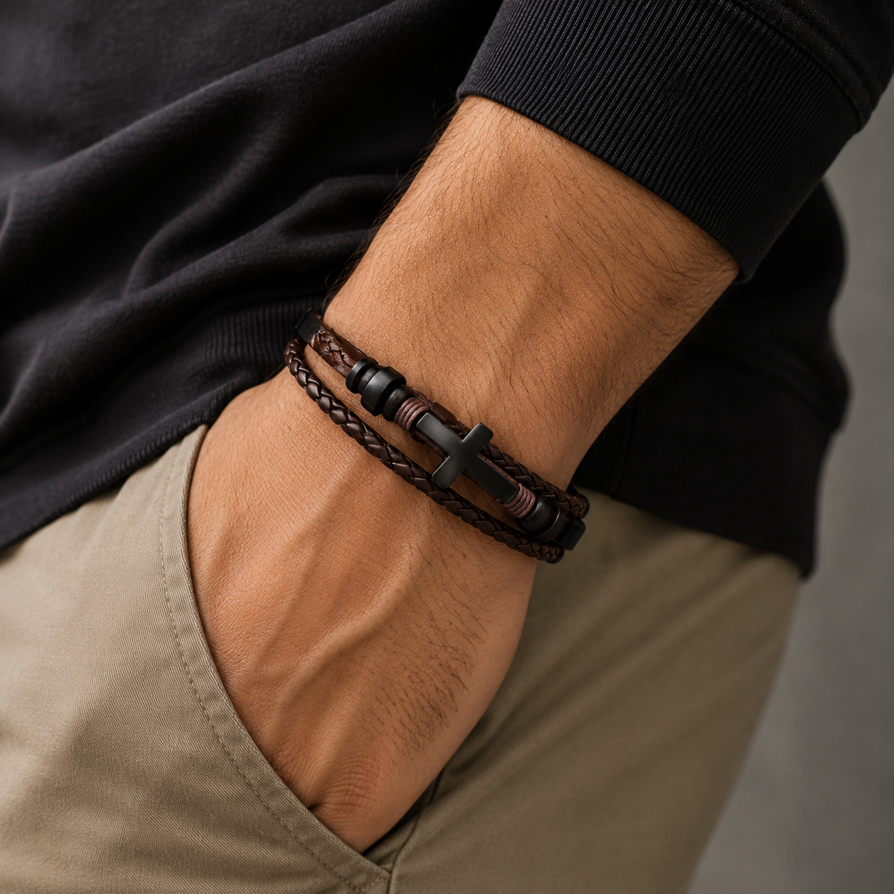 Christliches Herrenarmband mit Kreuz – Geflochtenes Lederarmband Braun