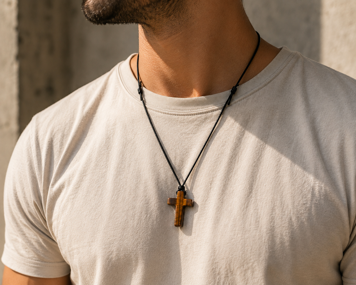 Tigerauge Kreuzkette – Christliche Halskette mit Naturstein | Unisex