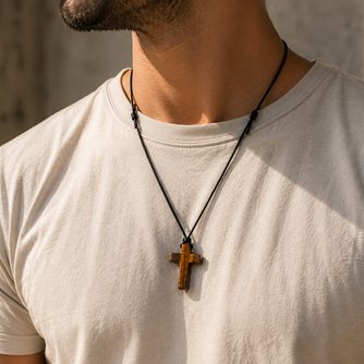 Tigerauge Kreuzkette – Christliche Halskette mit Naturstein | Unisex