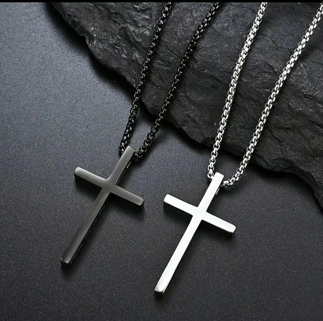 Kreuzkette mit Bibelvers – „I CAN DO ALL THINGS“ | Edelstahl Halskette in Schwarz & Silber | Philipper 4,13