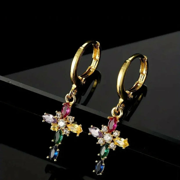 Goldene Kreuz-Ohrringe mit bunten Kristallen | Christlicher Schmuck für Damen
