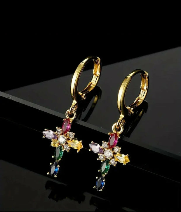 Goldene Kreuz-Ohrringe mit bunten Kristallen | Christlicher Schmuck für Damen