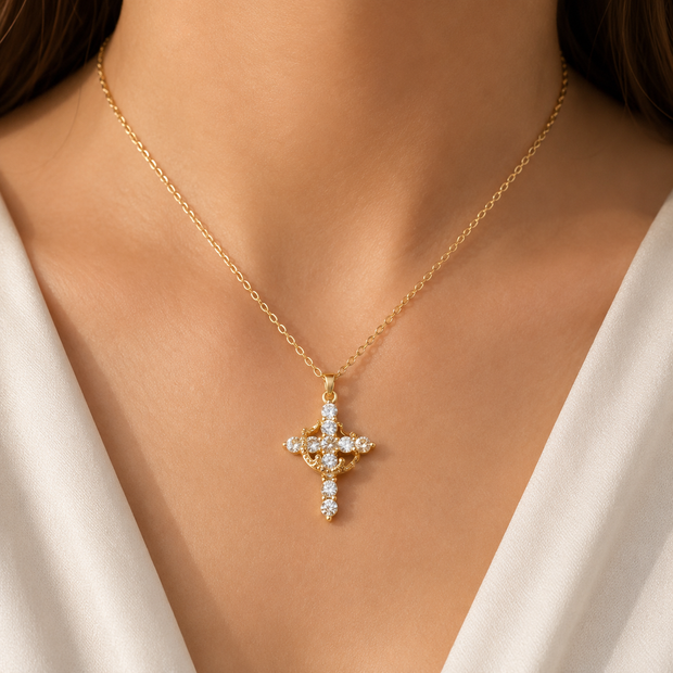 18K vergoldete Kreuzkette aus Edelstahl – Christliche Halskette mit Zirkonia