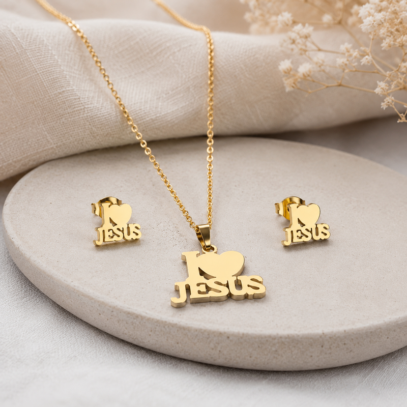 I Love Jesus Schmuckset Gold – Halskette & Ohrringe aus Edelstahl