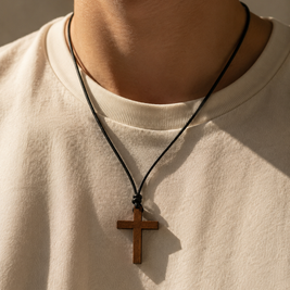 Holzkreuz Halskette | Christliche Kreuzkette mit Lederband | Unisex