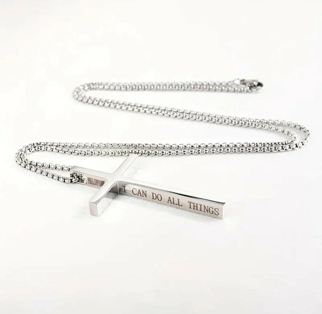 Kreuzkette mit Bibelvers – „I CAN DO ALL THINGS“ | Edelstahl Halskette in Schwarz & Silber | Philipper 4,13