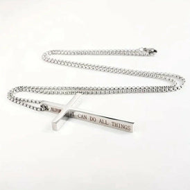 Kreuzkette mit Bibelvers – „I CAN DO ALL THINGS“ | Edelstahl Halskette in Schwarz & Silber | Philipper 4,13